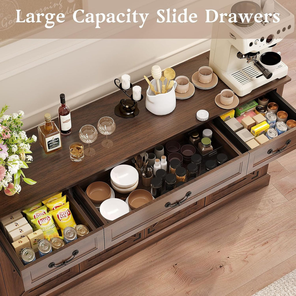 Vipbear 65" Large Sideboard Buffet Cabinet with Storage, Farmhouse Buffet Table Wine Coffee Bar Kitchen Storage Cabinet with 3 Drawers 4 Doors for Living Room, Kitchen, Dining Room, Dark Walnut