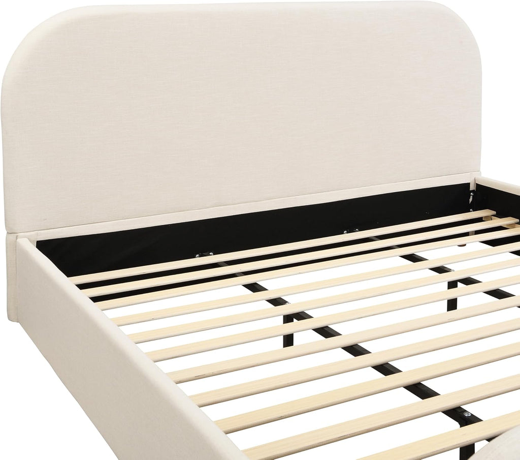 Merax King Size Bed Frame, Upholstered Linen Platform Bed with 44 Inch Tall Headboard & Footboard, Solid Wood Base, Soft Curved Edges Design King Bedframe, No Box Spring Needed, Easy Assembly, Beige