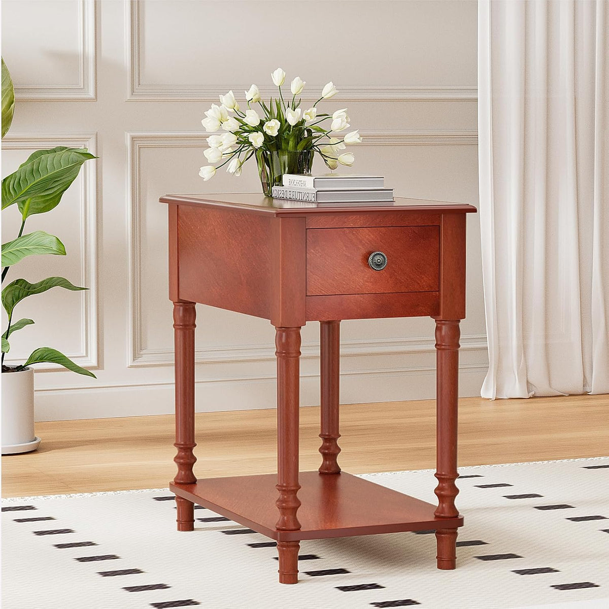 ROOMTEC Solid Wood End Table with Drawer and Shelf, Narrow Side Table Living Room, Vintage Wood Narrow Sofa Side Table, Nightstand for Bedroom, 14" W x 22" D x 24.8" H