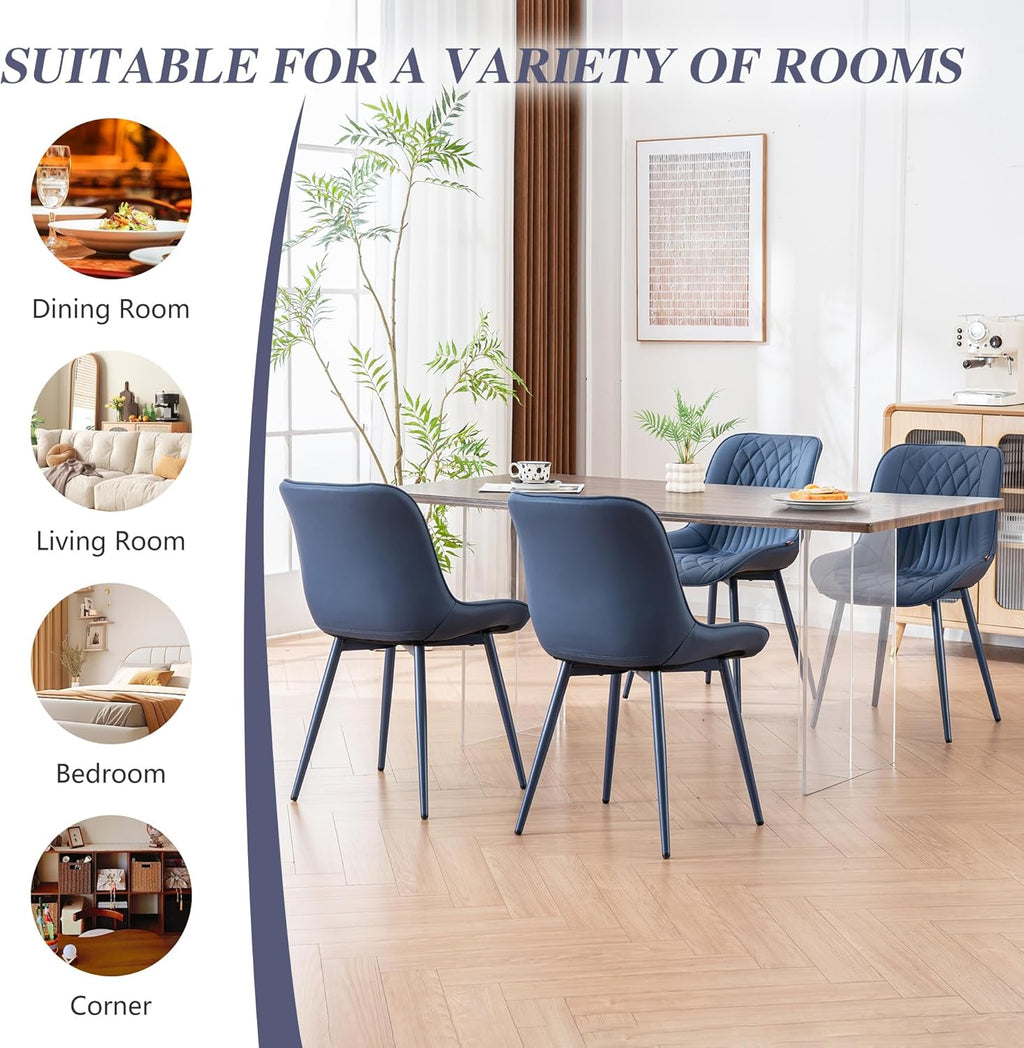 YOUNIKE Faux Leather Dining Chairs Set of 2 Mid-Century Modern High Padded Back Comfy Upholstered Kitchen Chairs with Metal Legs Wide Seat Accent Side Chair for Dining/Living/Waiting Room Navy Blue