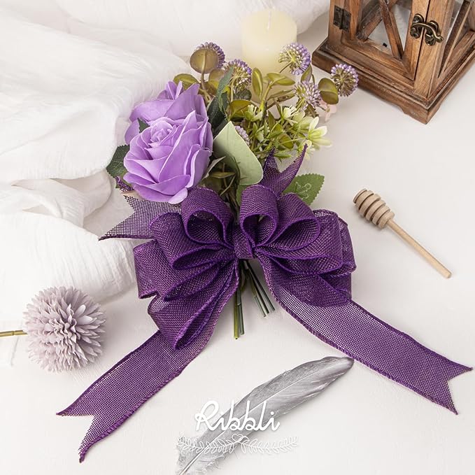 Ribbli Dark Purple Burlap Wired Ribbon,1-1/2 Inch x 10 Yard, Wired Edge Ribbon for Big Bow,Wreath,Tree Decoration,Outdoor Decoration