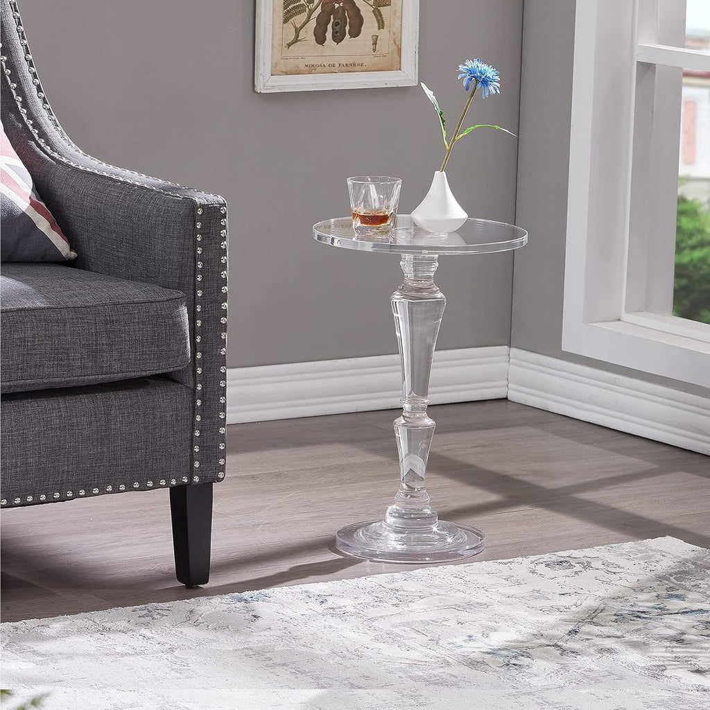 Furniture Acrylic Side Table,Clear Small Round Side/End Tables with Support Rod for Use in Living Rooms,Bedrooms,Offices,Study Rooms,Waiting Areas（13.8in*19.7in