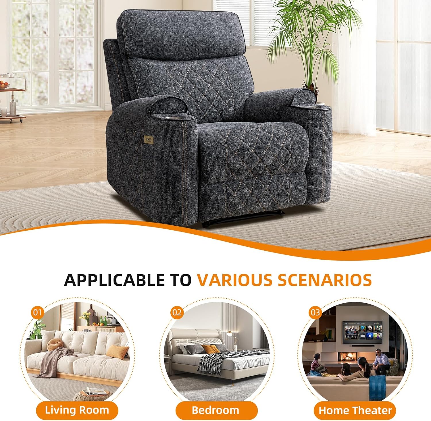 EBELLO Power Recliner Chair, Electric Fabric Reclining Sofa with Cup Holders, USB Type-C Charging Ports, for Small Living Room, Bedroom and Meeting Room, Grey