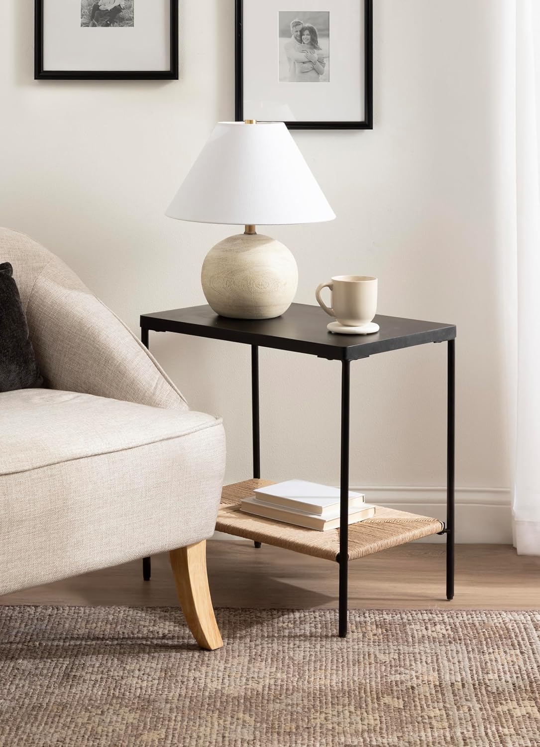 Kate and Laurel Mandell Modern Rectangle Mango Wood and Woven Cord Side Table, 22 x 14 x 22, Black and Natural Cord, Rectangular End Table for Use as Bedroom Nightstand or Living Room Decor Accent