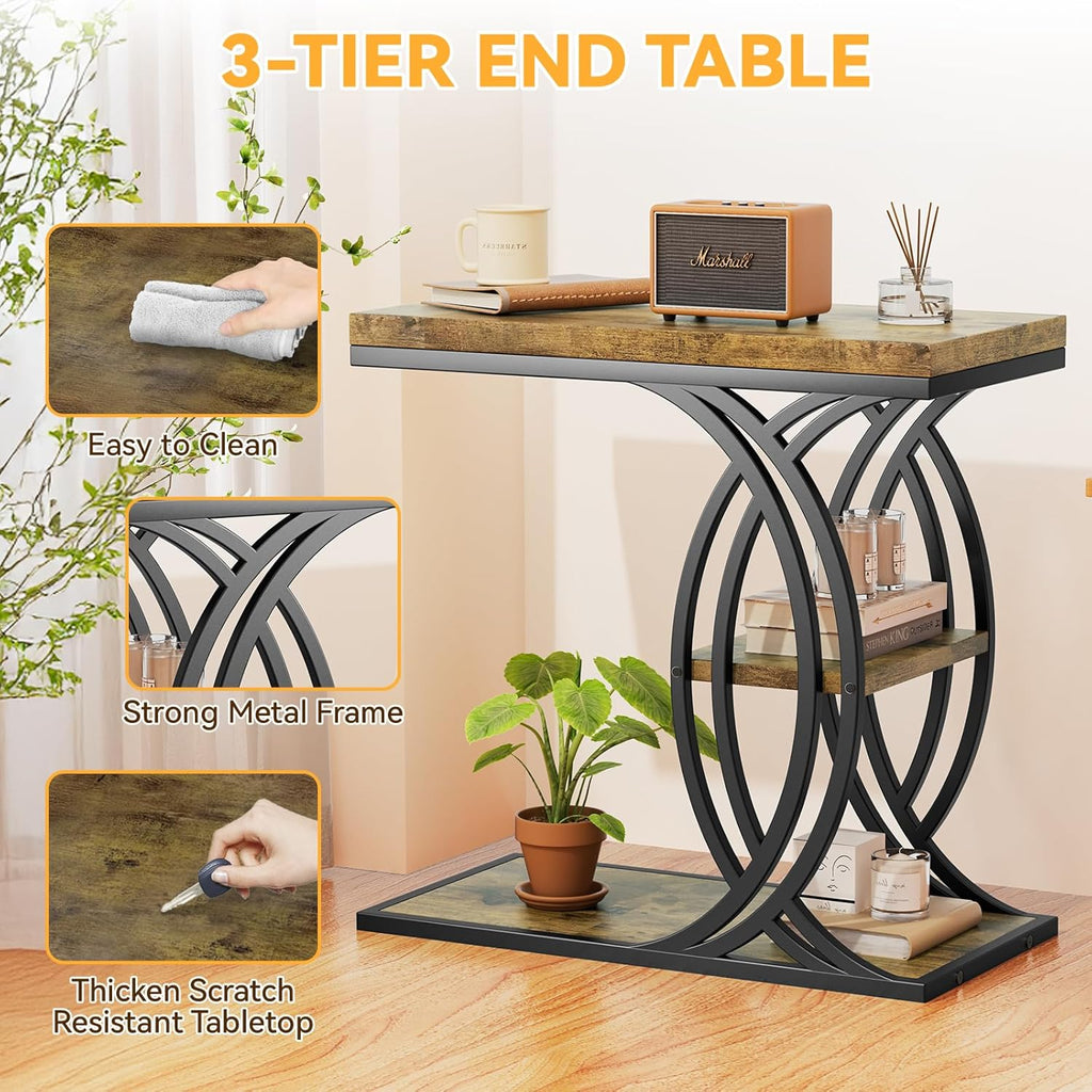 C Shaped End Table, Bed Side Table, 3-Tier Side Table with Metal Frame, Wood End Table with Storage for Living Room, Couch, Sofa, Bedroom, Easy Assembly, 23.6" D*11.8" W*23.6" H, Rustic Brown