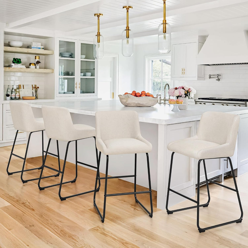 LUE BONA 26 Inch Counter Height Bar Stools Set of 3, Linen Upholstered Barstools, Barstool with Back, Comfortable Bar Chairs, Modern Counter Stools for Kitchen Counter Island