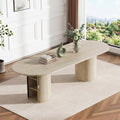 Modern Extendable Dining Table for 6-8-10,Rustic Expandable Oval Kitchen Tables,63-79-94 Inch Large Dining Table with Faux Travertine Top and Storage Pedestal Base