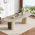 Modern Extendable Dining Table for 6-8-10,Rustic Expandable Oval Kitchen Tables,63-79-94 Inch Large Dining Table with Faux Travertine Top and Storage Pedestal Base