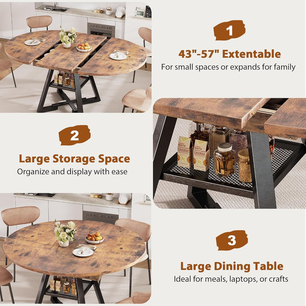 43‘’-57‘’ Extendable Round Dining Table for 4-6, Modern Industrial Kitchen Oval Dining Table with Removable Leaves, Space Saving Pedestal Base with Storage Shelf for Kitchen Living Room (Rustic)