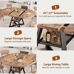 43‘’-57‘’ Extendable Round Dining Table for 4-6, Modern Industrial Kitchen Oval Dining Table with Removable Leaves, Space Saving Pedestal Base with Storage Shelf for Kitchen Living Room (Rustic)
