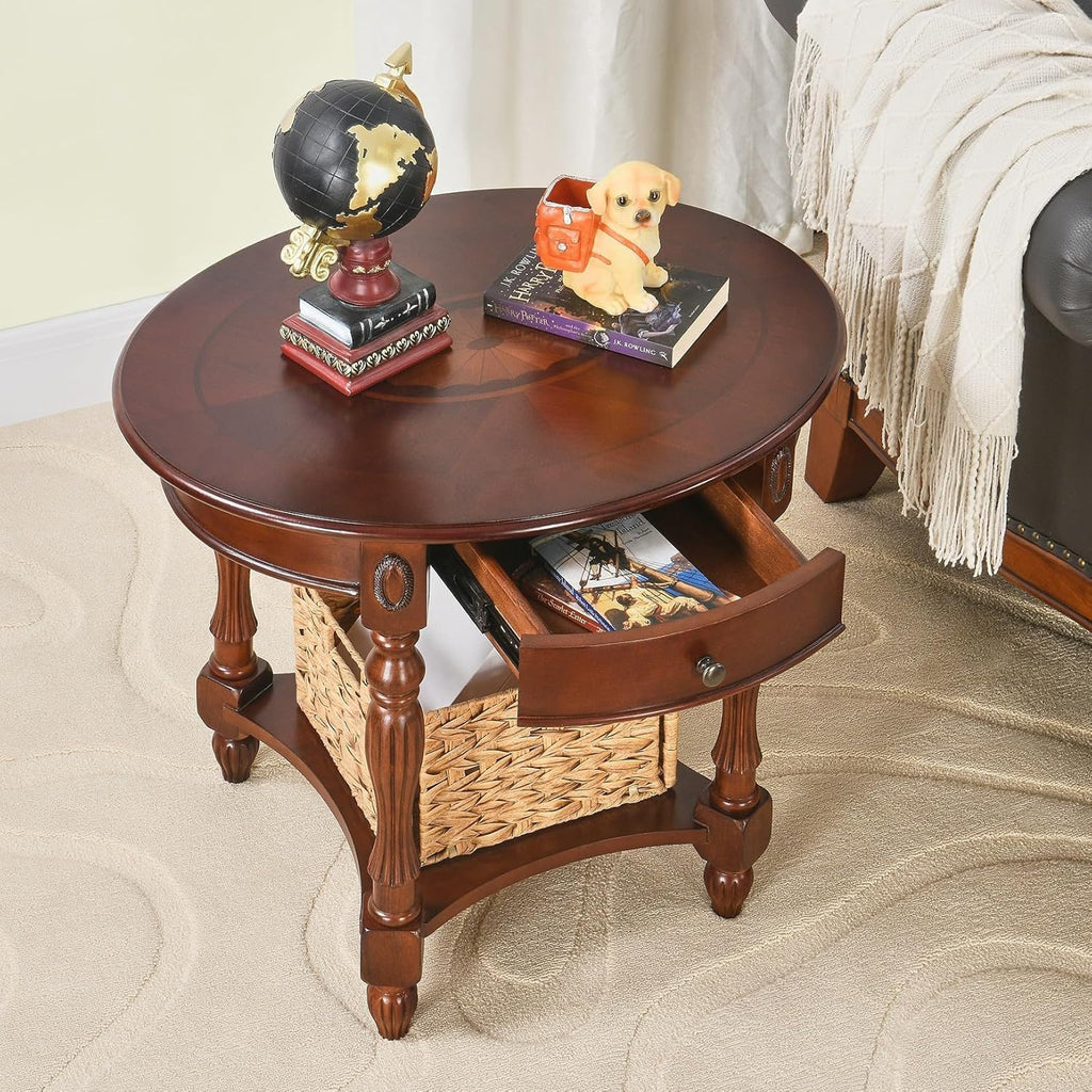 Solid Wood Oval End Table with Drawer, 28"x24" Sofa Side Table with Patterned Top and Vintage Carved Edge, Cherry Walnut Finish for Living Room or Bedroom