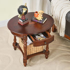 Solid Wood Oval End Table with Drawer, 28"x24" Sofa Side Table with Patterned Top and Vintage Carved Edge, Cherry Walnut Finish for Living Room or Bedroom