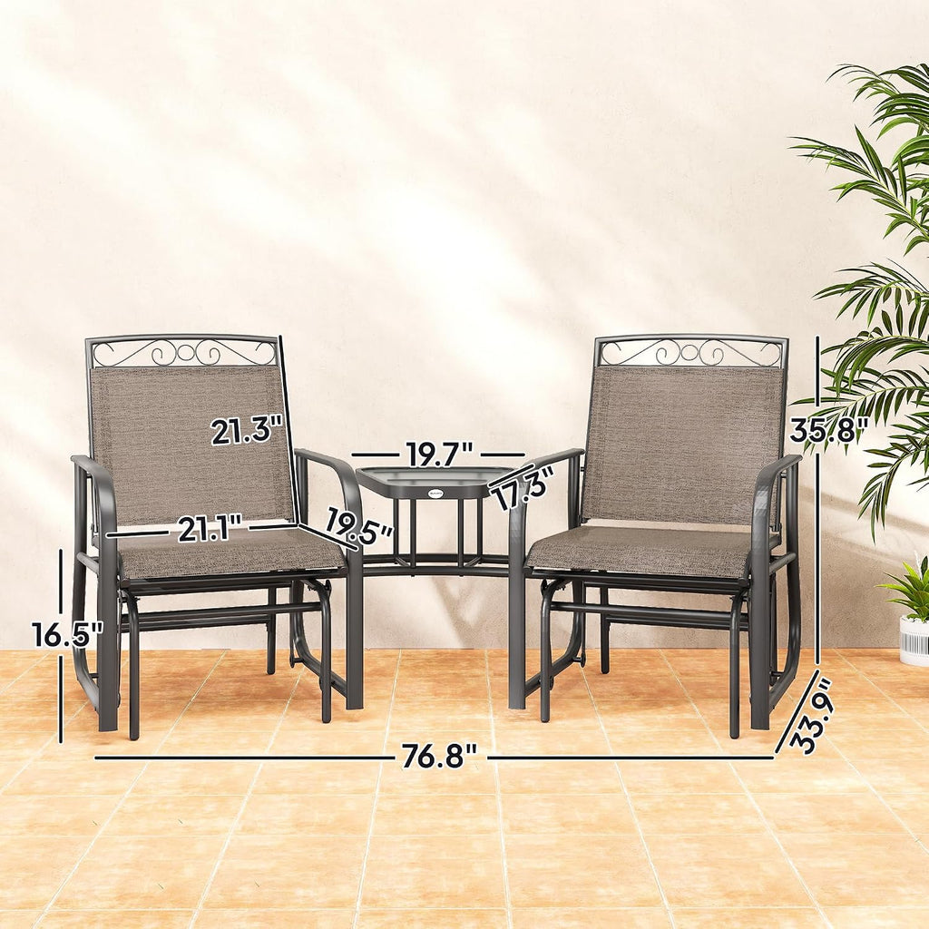 Outsunny Outdoor Glider Chairs with Coffee Table Patio 2-Seat Brown | Rocking Chair Swing, Breathable Sling, Backyard, Garden, Porch
