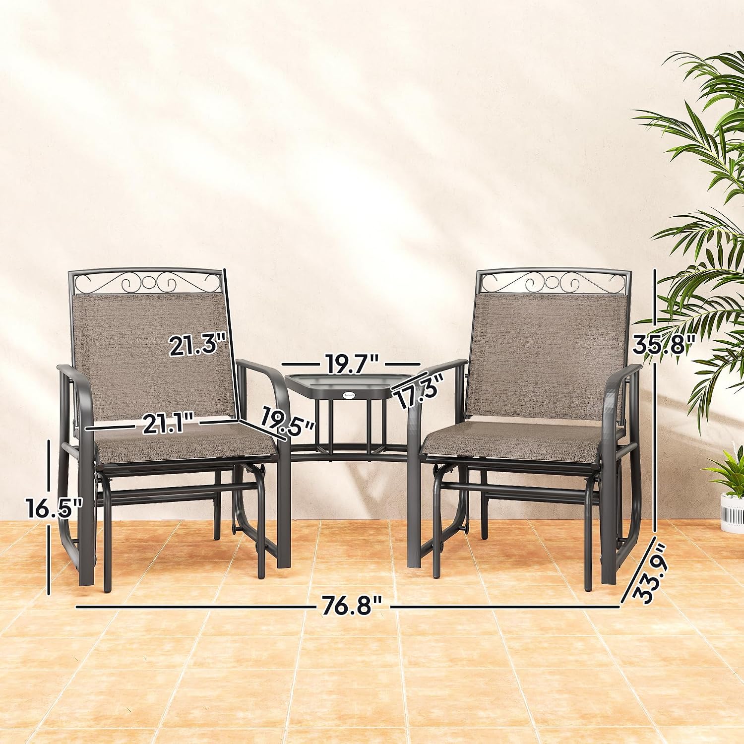 Outsunny Outdoor Glider Chairs with Coffee Table Patio 2-Seat Brown | Rocking Chair Swing, Breathable Sling, Backyard, Garden, Porch
