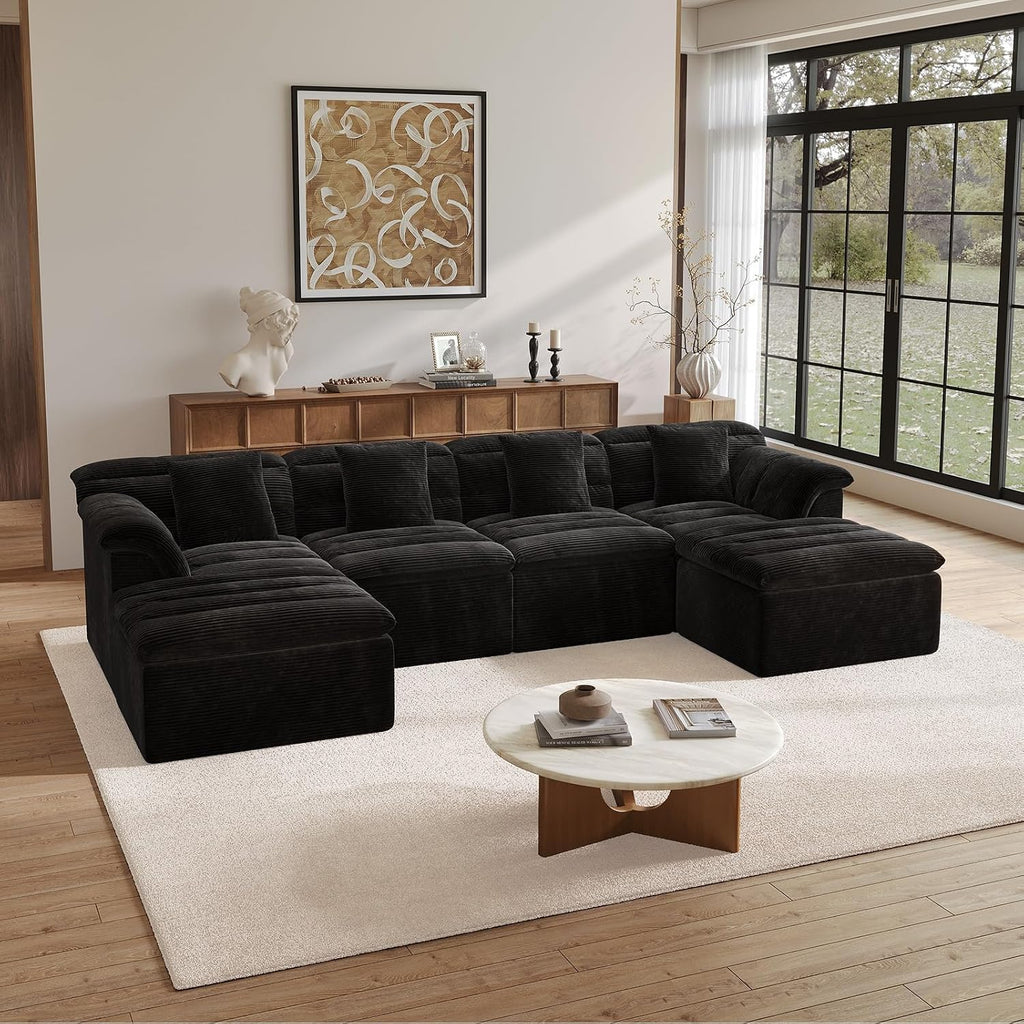 142" Modular Cloud Sectional Couch with Ottoman, Modern Upholstered Compressed Sofa with Deep Seat, Comfy U-Shape Corduroy Couches for Living Room, No Assembly Required, Black