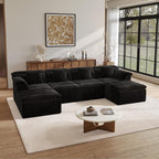 142" Modular Cloud Sectional Couch with Ottoman, Modern Upholstered Compressed Sofa with Deep Seat, Comfy U-Shape Corduroy Couches for Living Room, No Assembly Required, Black