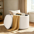 Oval Ottoman with Storage for Living Room, Modern Linen Fabric Foot Stools Ottoman, Upholstered Vanity Stool Foot Rest, Small White Storage Bench for Bedroom, Entryway, Dorm