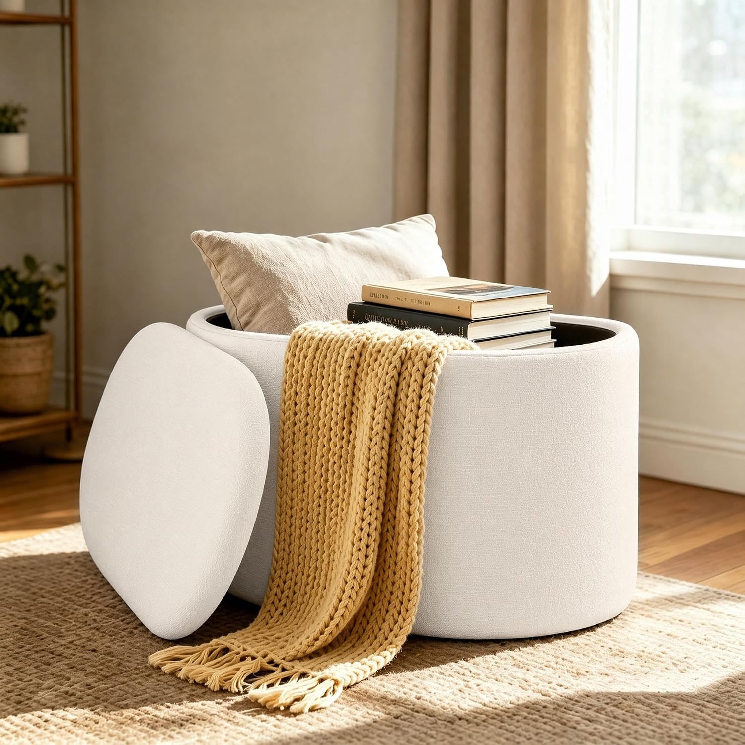 Oval Ottoman with Storage for Living Room, Modern Linen Fabric Foot Stools Ottoman, Upholstered Vanity Stool Foot Rest, Small White Storage Bench for Bedroom, Entryway, Dorm
