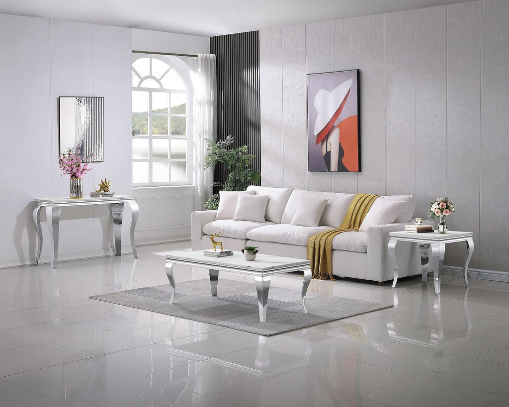 Henf 23in Square End Table Faux Marble End Table w/Stainless Steel Legs,Luxury Sofa Side Table Tea Table for Living Room Office, Nightstand Bedside Table for Bedroom, White and Silver End Side Table