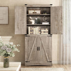 71" Tall Kitchen Pantry,Farmhouse Storage Cabinet with Adjustable Shelves,Load-Bearing Steel Pipe,Farmhouse Pantry Cabinet with 4 Barn Doors,for Kitchen,Dining Room,Living Room(Light Rustic Oak)