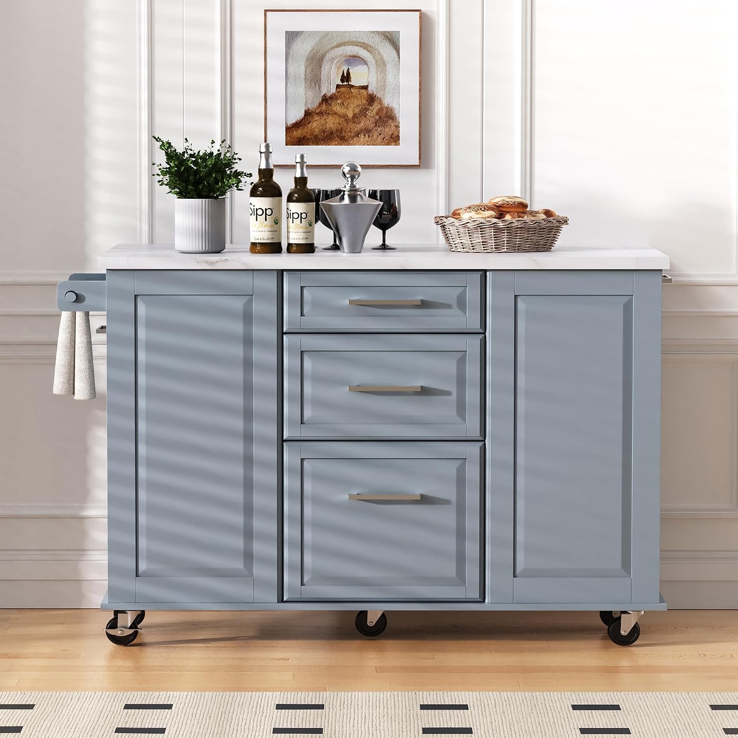 Rolling Kitchen Island Cart with Marble Countertop, Mobile Storage Kitchen Cabinet with Drawers & Cabinets for Small Kitchen Apartment