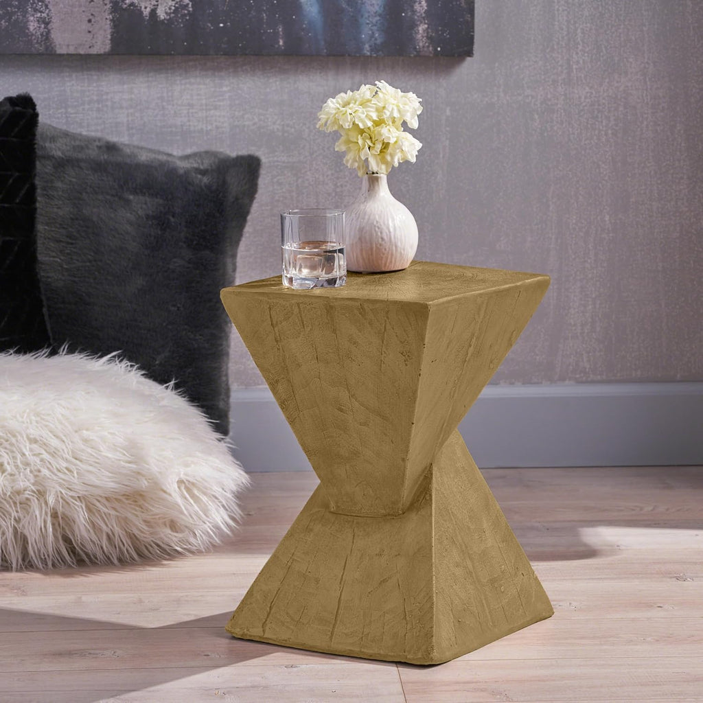 Modern Hourglass Side Table, Sculptural End Table for Living Room, Bedroom & Office, Hand-Finished Accent Table with Wood-Like Texture, for Indoor Use, Compact 18 Inch Design,Light Natural
