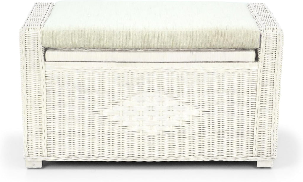 Bruno Handmade 32 Inch Rattan Wicker Chest Storage Trunk Organizer Ottoman W/Cushion White Color