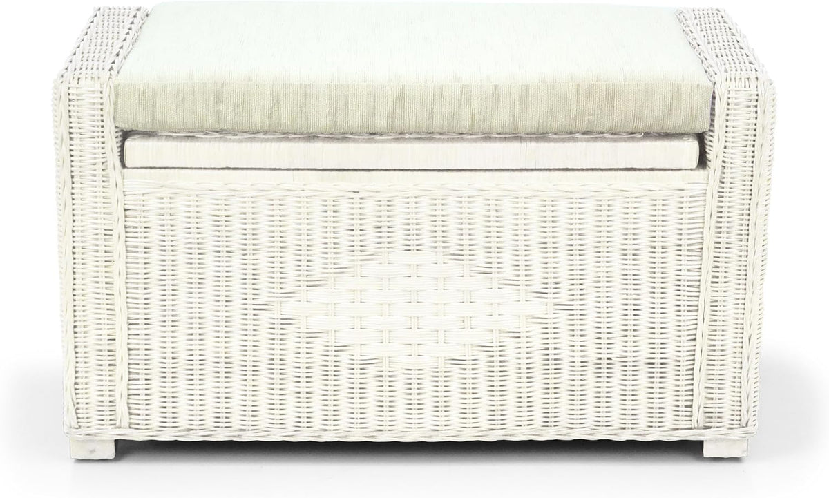 Bruno Handmade 32 Inch Rattan Wicker Chest Storage Trunk Organizer Ottoman W/Cushion White Color