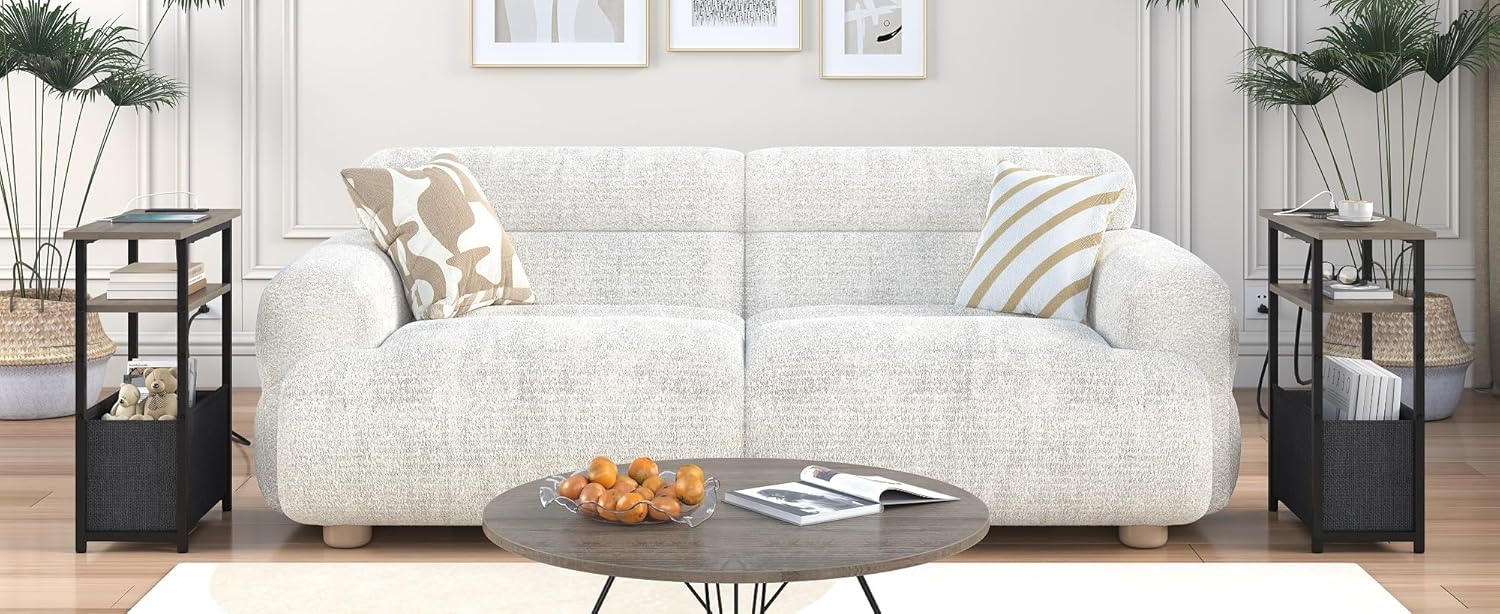 sthmec Narrow Side Table with Charging Station Set of 2, Small End Table for Small Spaces, Skinny Nightstands Set 2 with Storage Basket, 3 Tier Sofa Bedside Tables for Living Room,Bedroom, Grey