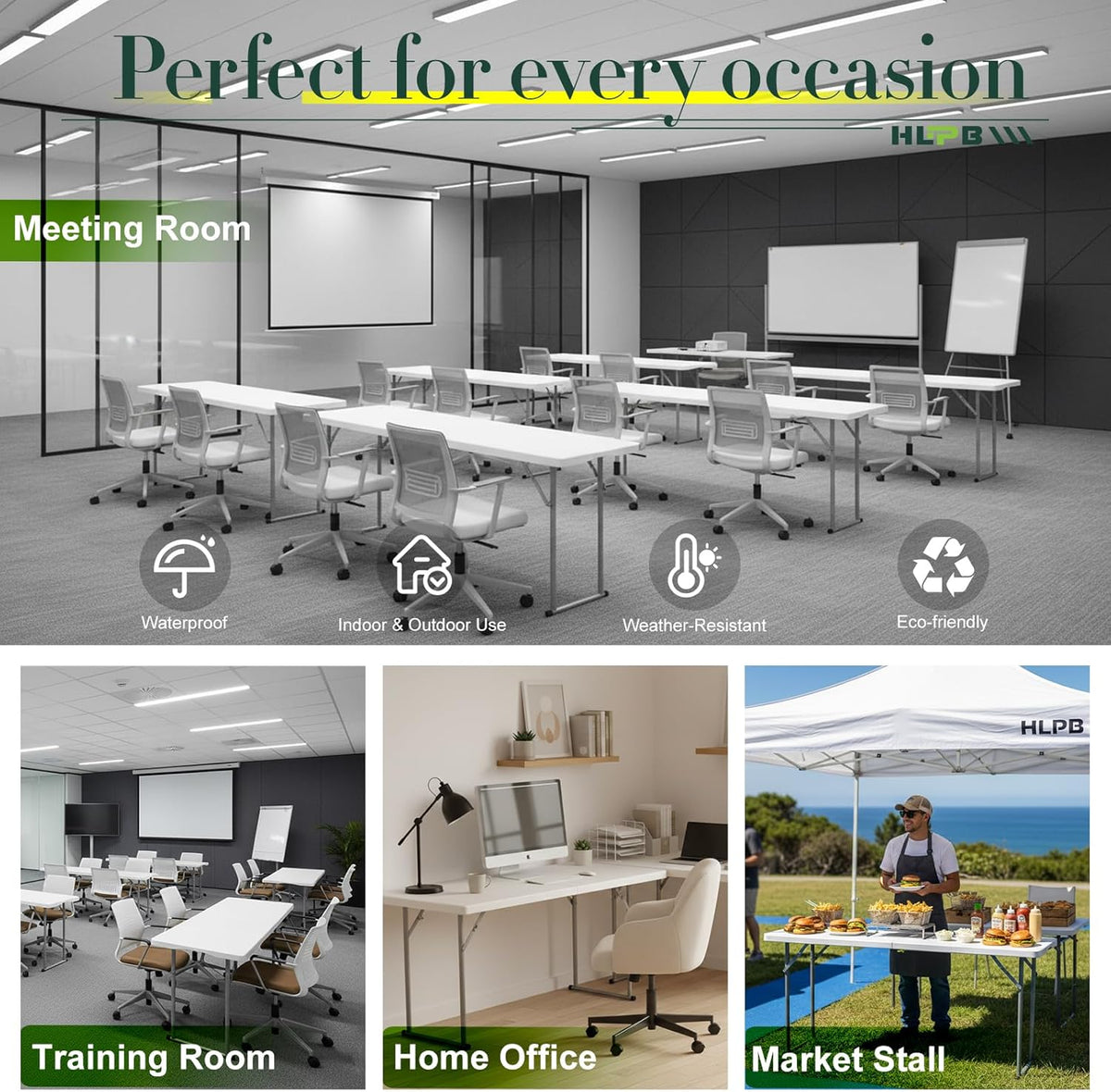 HLPB 6 FT Narrow Folding Table, Tabletop Fold-in-Half, Thickened HDPE Material and Thicker Metal Frame, Foldable with Handle & Safety Locks, Perfect for Meeting, Party, White