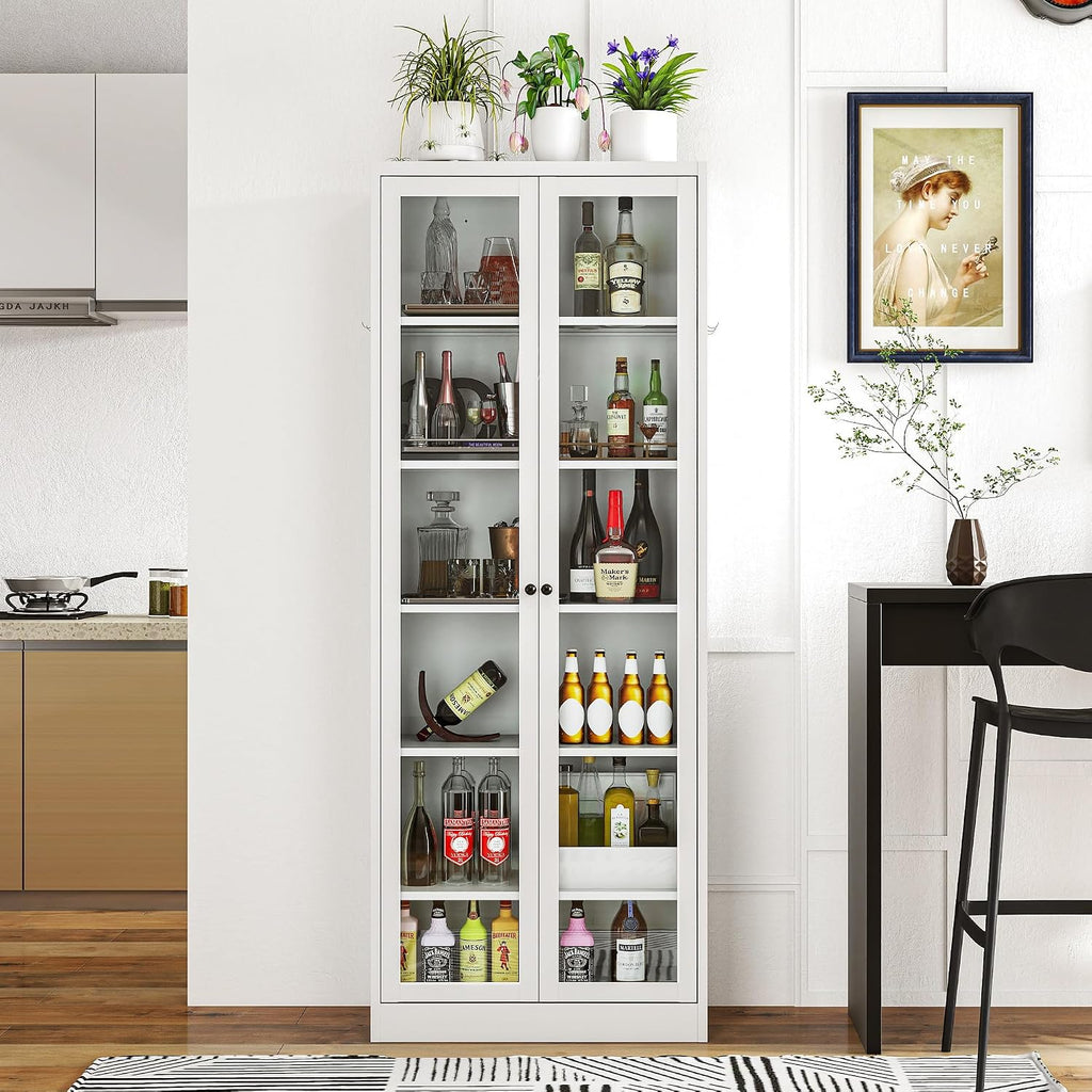 Kitchen Pantry Cabinet, 72" H Storage Cabinet with Glass Doors and Adjustable Shelves, Spacious Cupboard with Round Handles, Metal Kitchen Cabinet for Dining Room, Living Room, White