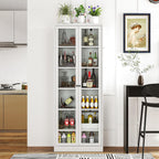 Kitchen Pantry Cabinet, 72" H Storage Cabinet with Glass Doors and Adjustable Shelves, Spacious Cupboard with Round Handles, Metal Kitchen Cabinet for Dining Room, Living Room, White