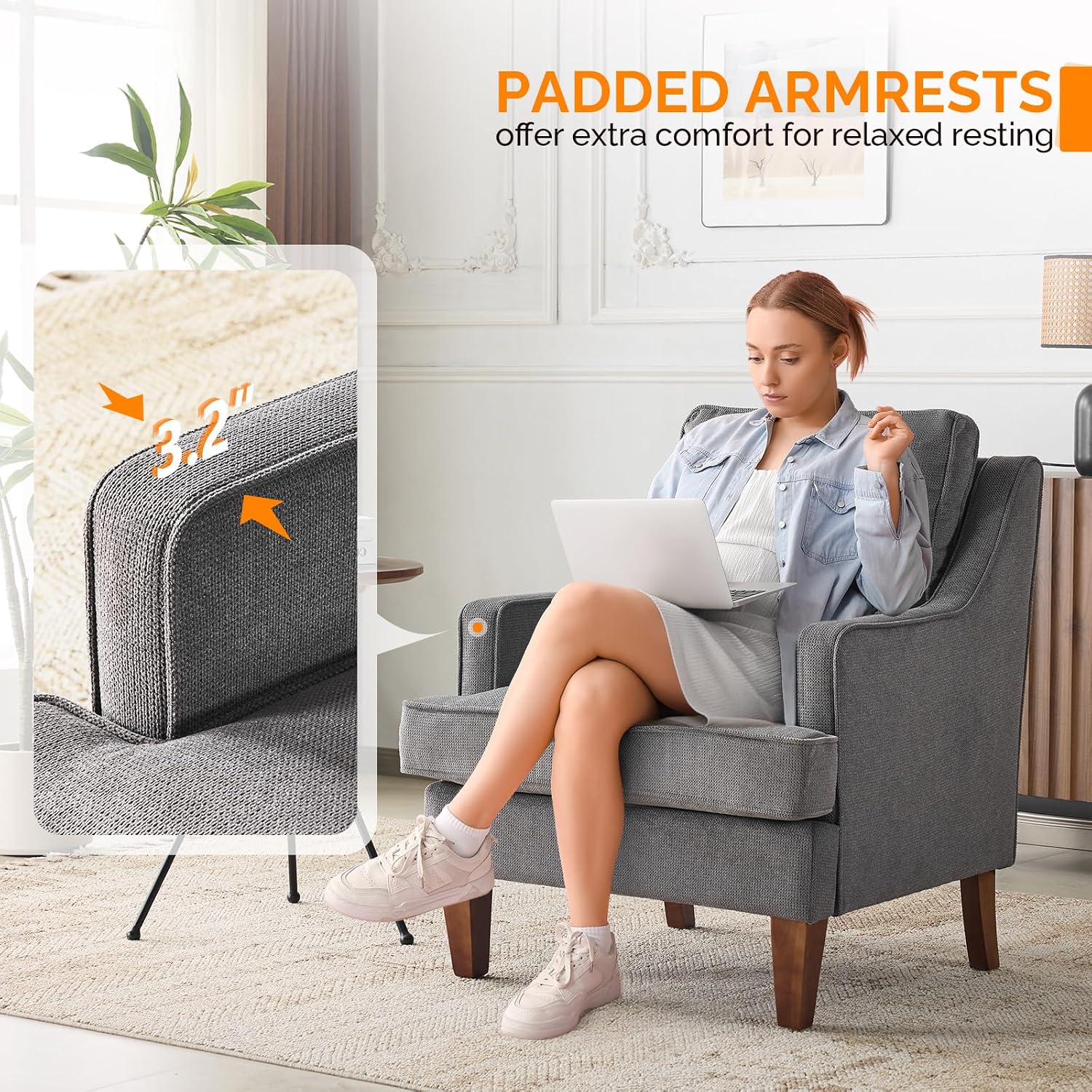 VINGLI Mid-Century Modern Accent Chair, Light Grey Upholstered Armchair Comfy Sofa Chair Reading Chair High Back for Living Room Bedroom Furniture Apartment
