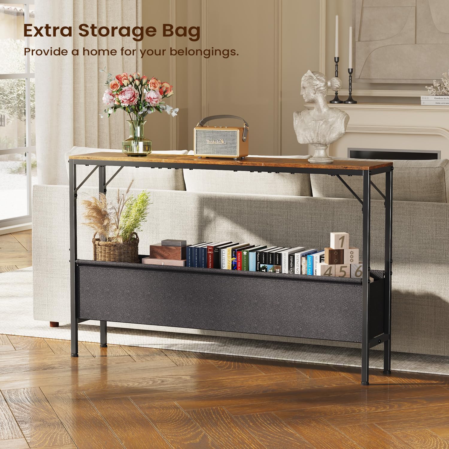 Asgolion Narrow Console Table, 47.2" Long Entryway Table with Storage Basket, Hallway Table, Mordern Industrial Sofa Tables for Living Room, Bedroom, Foyer, Office, Anti-tip Kit, Rustic Brown