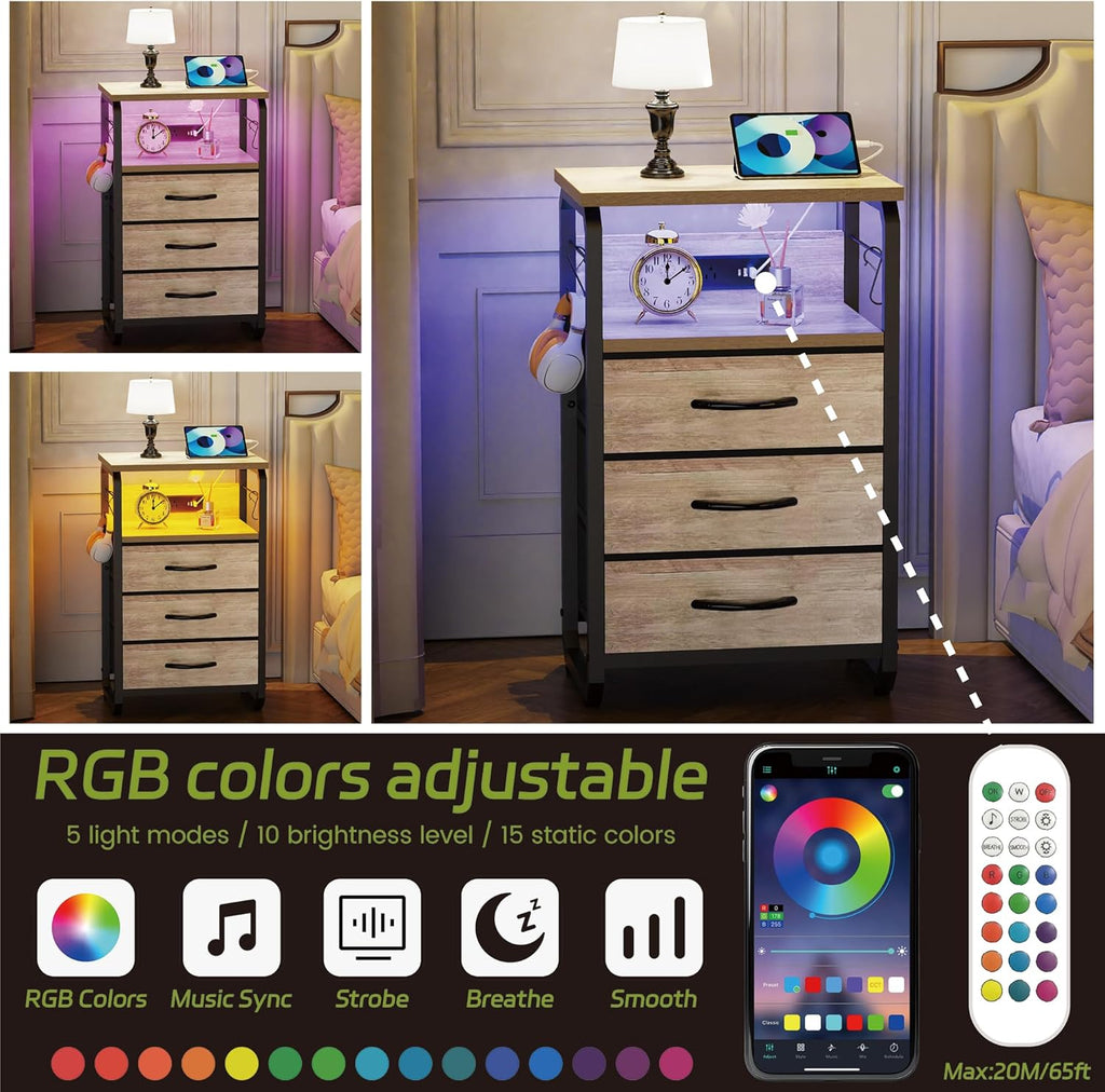 runjuly Bed Side Table with 3 Fabric Drawers, Night Stand with Charging Station, LED Nightstand with Hooks, Bedside Table End Tables with Storage, Night Tables for Bedroom (Beige)