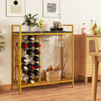 GOFLAME 21 Bottle Wine Rack, Freestanding Floor Wine Bottle Organizer w/Glass Holder & Wooden Countertop, Metal Frame Rustic Liquor Stand with Storage Shelf for Kitchen, Dining Room (Golden & Black)