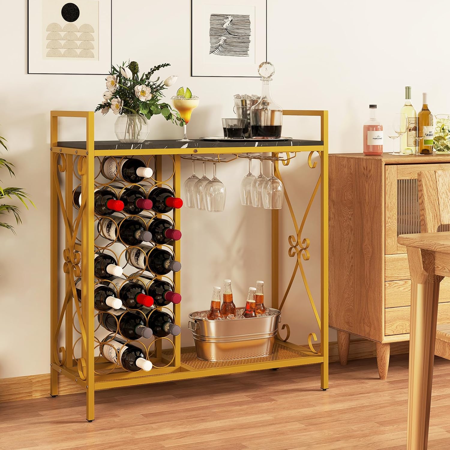 GOFLAME 21 Bottle Wine Rack, Freestanding Floor Wine Bottle Organizer w/Glass Holder & Wooden Countertop, Metal Frame Rustic Liquor Stand with Storage Shelf for Kitchen, Dining Room (Golden & Black)