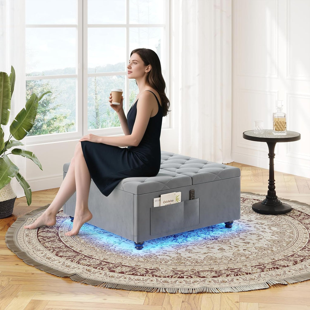 Dnxao Ottoman Coffee Table with Storage and Tray for Living Room, Gray | Tufted Velvet Large Square Ottoman with LED Lights and Charging Station, Multi-Functional Footrest with Storage Pockets