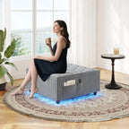 Dnxao Ottoman Coffee Table with Storage and Tray for Living Room, Gray | Tufted Velvet Large Square Ottoman with LED Lights and Charging Station, Multi-Functional Footrest with Storage Pockets