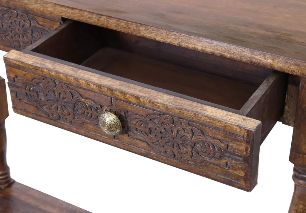 COTTON CRAFT Solid Wood Console Table - Hand Carved Accent Sofa Table | Antique Brown 36W x 32H x 11D Table with 2 Drawers- Small Space Hallway Entryway Transitional Traditional Farmhouse Furniture