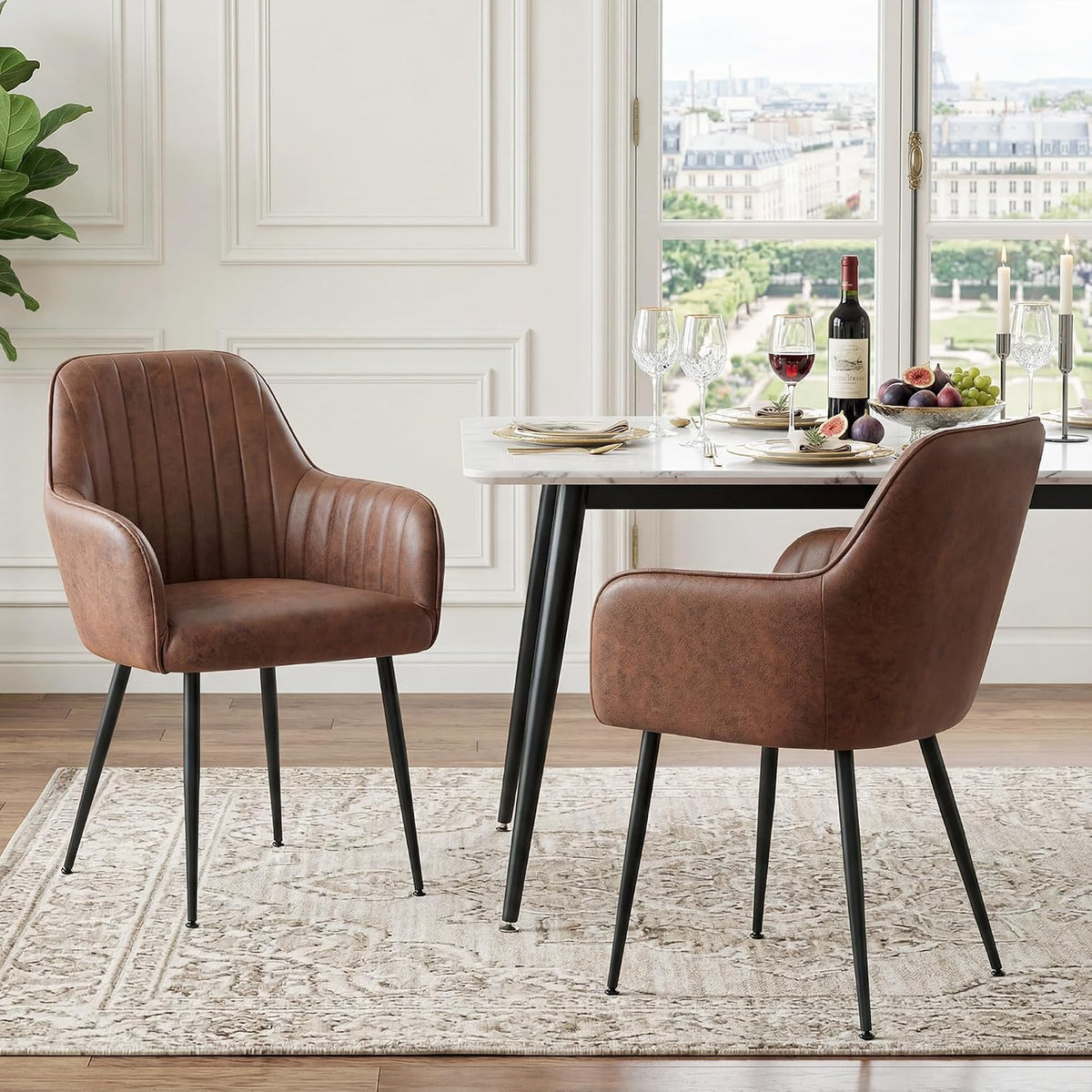 LSSPAID Dining Chairs Set of 2, Upholstered Faux Leather Modern Accent Vanity Armchair with Gold Metal Legs for Kitchen Bedroom Living Room, Brown