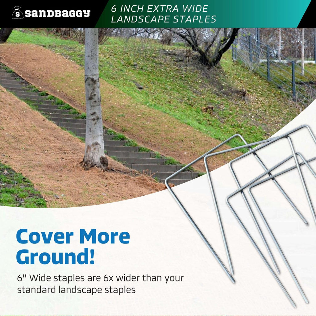 Sandbaggy 6" Wide Landscape Staples - Extra Heavy Duty: 7 Gauge Galvanized Steel - Hold Down Pipes, Landscape Fabric, Ground Cover, Erosion Control Netting, Sod, & Turf (100, 6" W x 8" L)