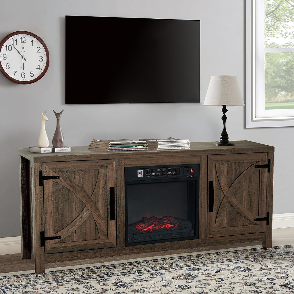 58 Inch Fireplace TV Stand for TV up to 65" | Farmhouse TV Stand with 18" Electric Fireplace, Rustic Entertainment Center with Storage, TV Stands for Living Room (Coffee)