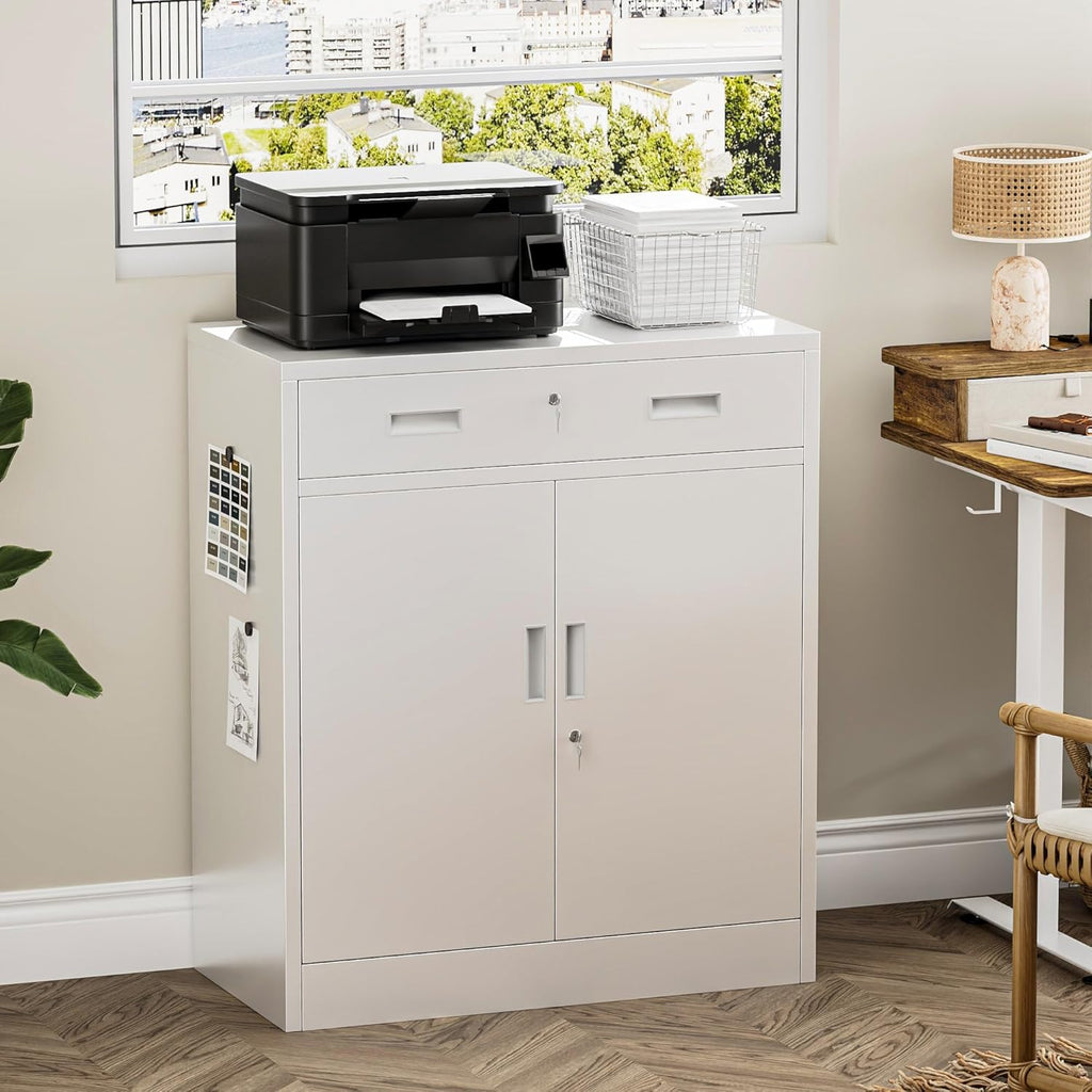 Metal Storage Cabinets with Drawer, 36" H Lockable Storage Cabinet with Doors and Adjustable Shelves, Small White Steel File Cabinet for Home, Office, Warehouse, School, Assembly Required