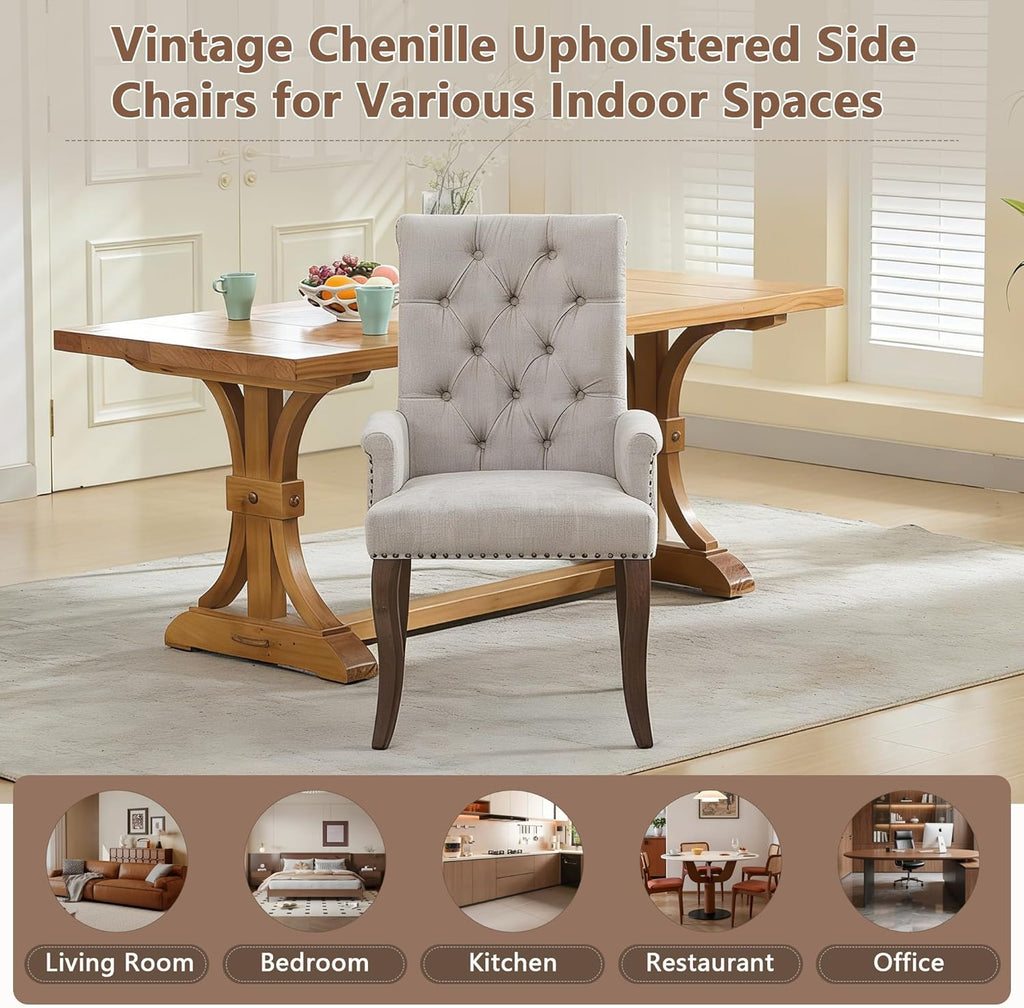 mikibama Chenille Upholstered Dining Chairs with High Back,Vintage Tufted Kitchen Chairs with Rolled Arms,Farmhouse Fabric Accent Side Chair with Arms for Living Room,Single Pack (1, Beige)