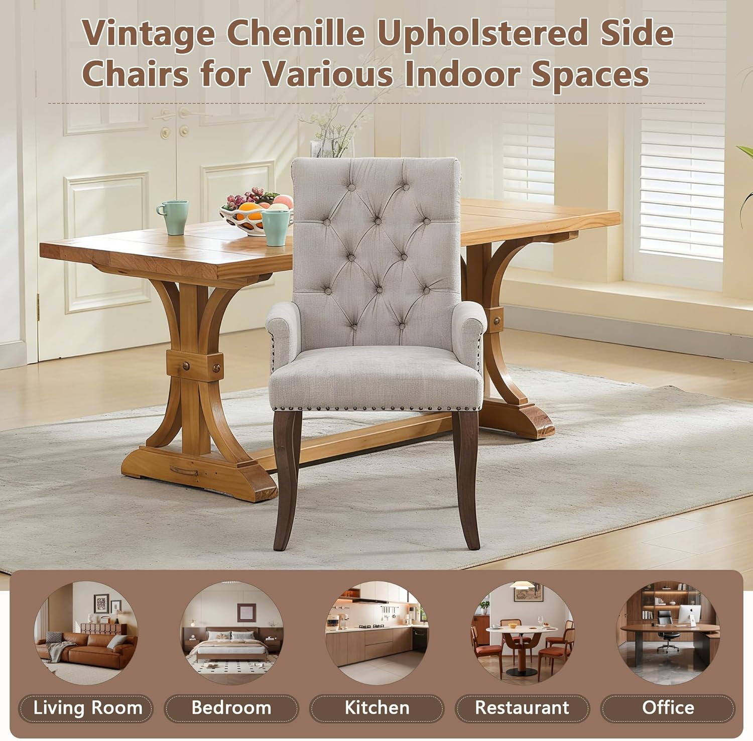 mikibama Chenille Upholstered Dining Chairs with High Back,Vintage Tufted Kitchen Chairs with Rolled Arms,Farmhouse Fabric Accent Side Chair with Arms for Living Room,Single Pack (1, Beige)