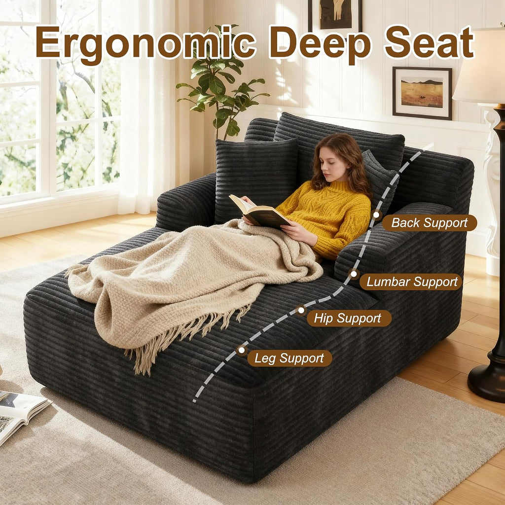Avenix 66" Oversized Chaise Lounge Chair Indoor, Cloud Corduroy Reading Chair Deep Seat Sofa Couch Bed with 3 Pillows for Living Room, No Assembly Required, Black