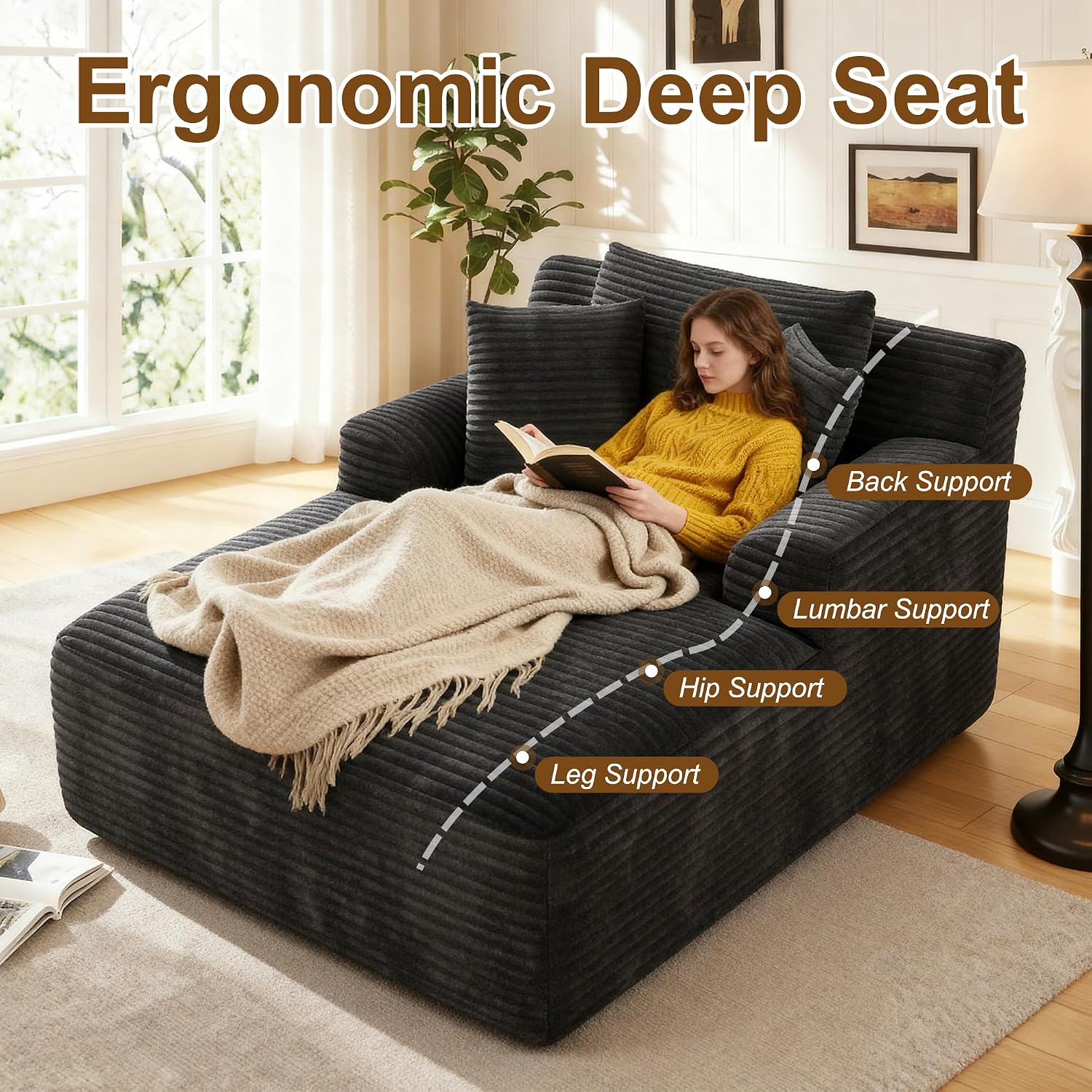 Avenix 66" Oversized Chaise Lounge Chair Indoor, Cloud Corduroy Reading Chair Deep Seat Sofa Couch Bed with 3 Pillows for Living Room, No Assembly Required, Black