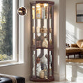 70" Lighted Corner Curio Cabinet, Wood China Display Case with Tempered Glass Doors & Adjustable Shelves, Light Bulb Included, Tall Wine Storage Rack for Bar and Liquor Storage (Dark Cherry)