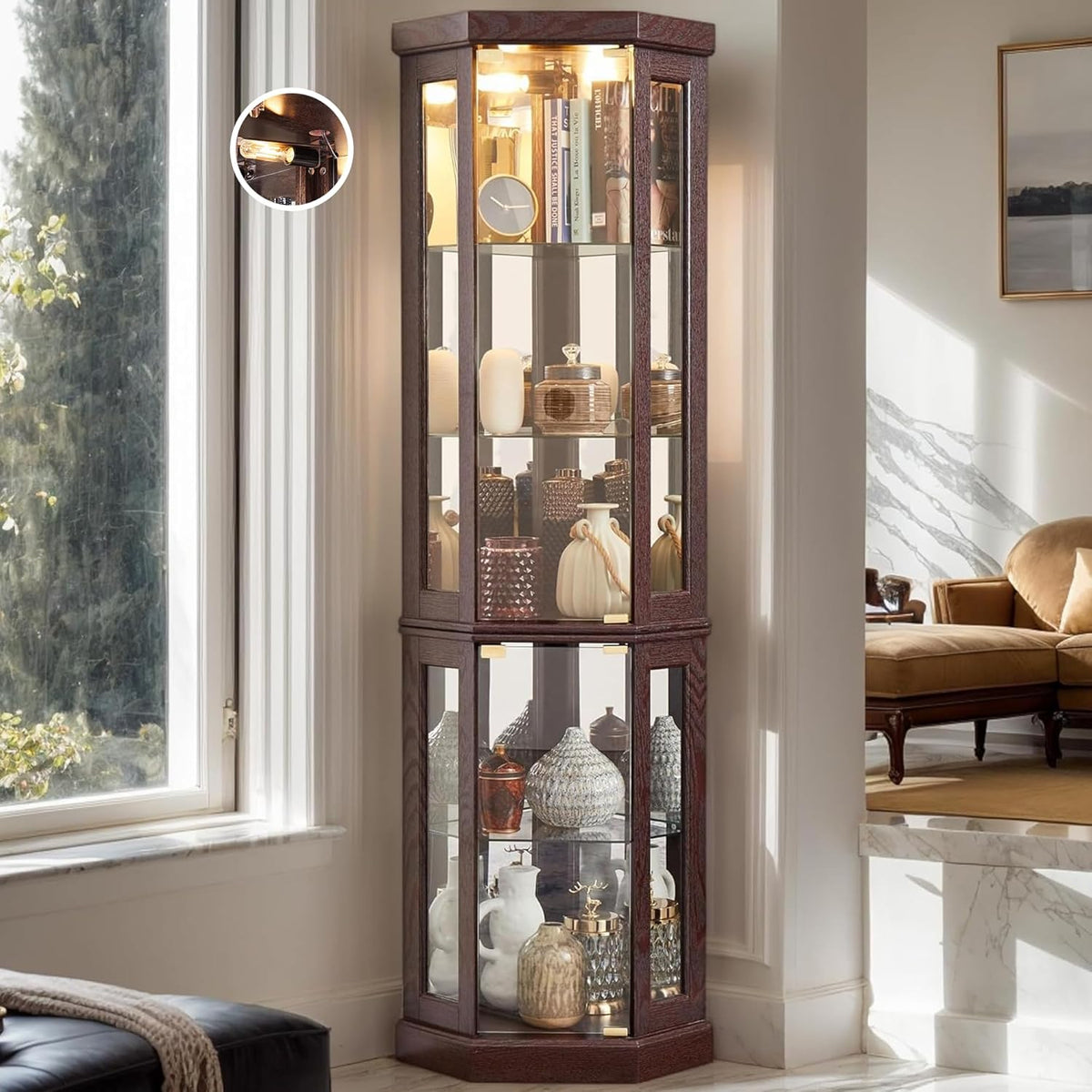 70" Lighted Corner Curio Cabinet, Wood China Display Case with Tempered Glass Doors & Adjustable Shelves, Light Bulb Included, Tall Wine Storage Rack for Bar and Liquor Storage (Dark Cherry)